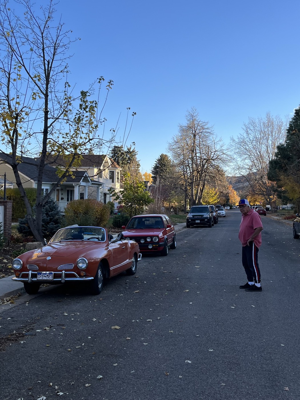 The Karmann Ghia and Mk2 GTI parked on a Boulder street in fall